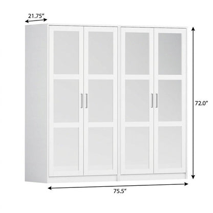 76" White Solid Wood Mirrored Four Door Armoire Wardrobe