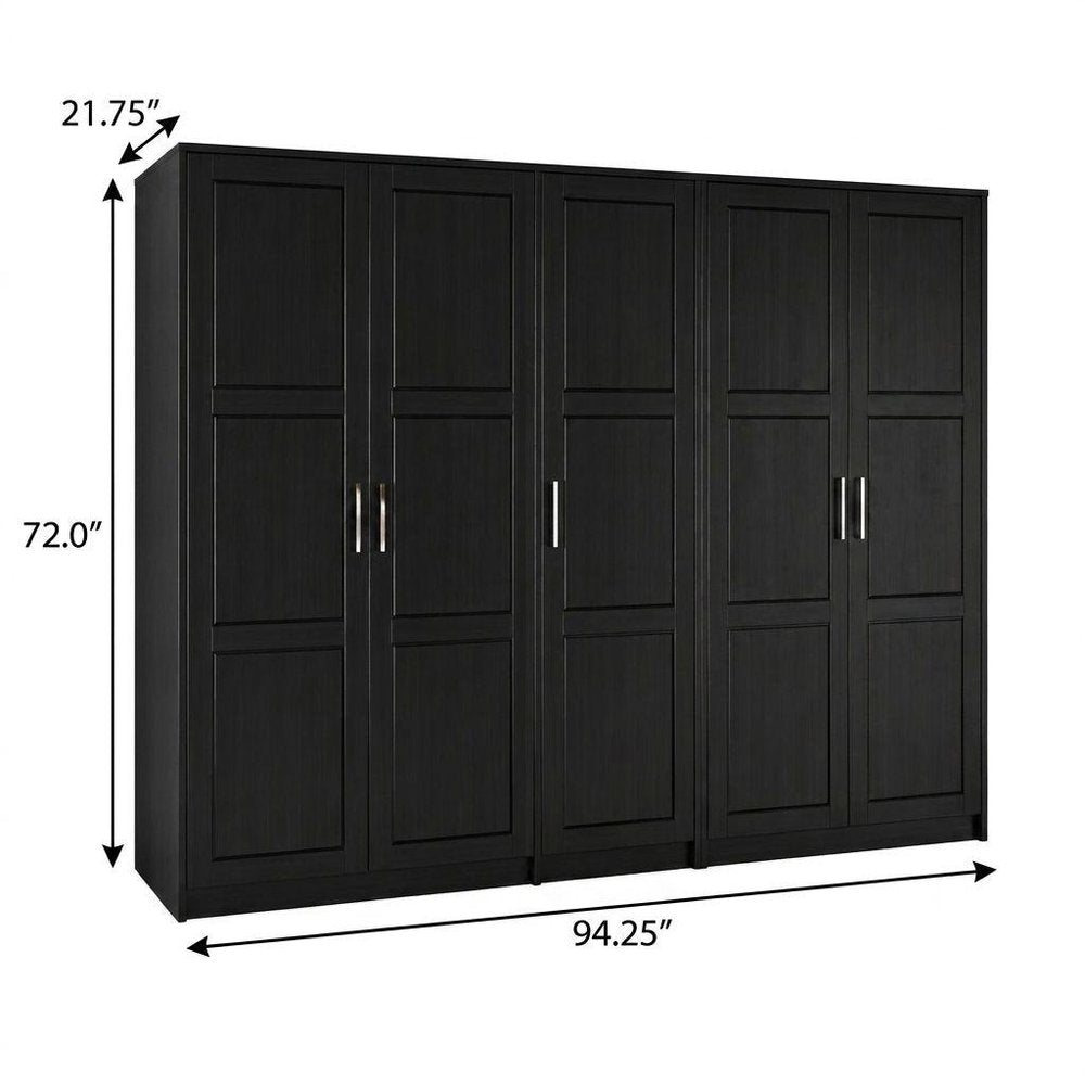 94" Black Raised Panel Solid Wood Five Door Armoire Wardrobe — view 7