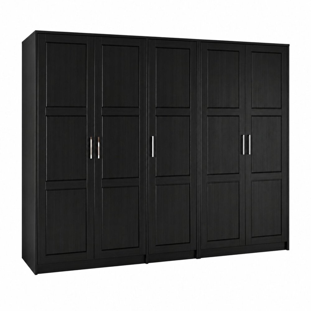 94" Black Raised Panel Solid Wood Five Door Armoire Wardrobe