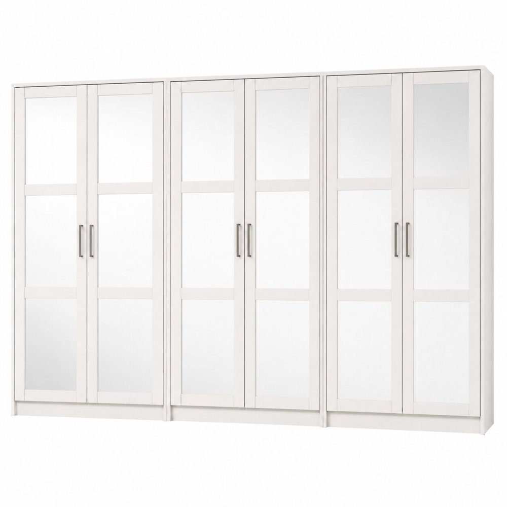113" White Solid Wood Mirrored Six Door Armoire Wardrobe