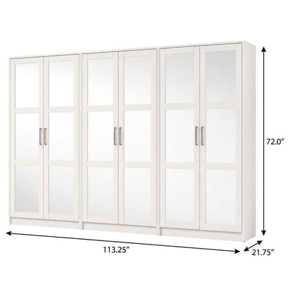 113" White Solid Wood Mirrored Six Door Armoire Wardrobe