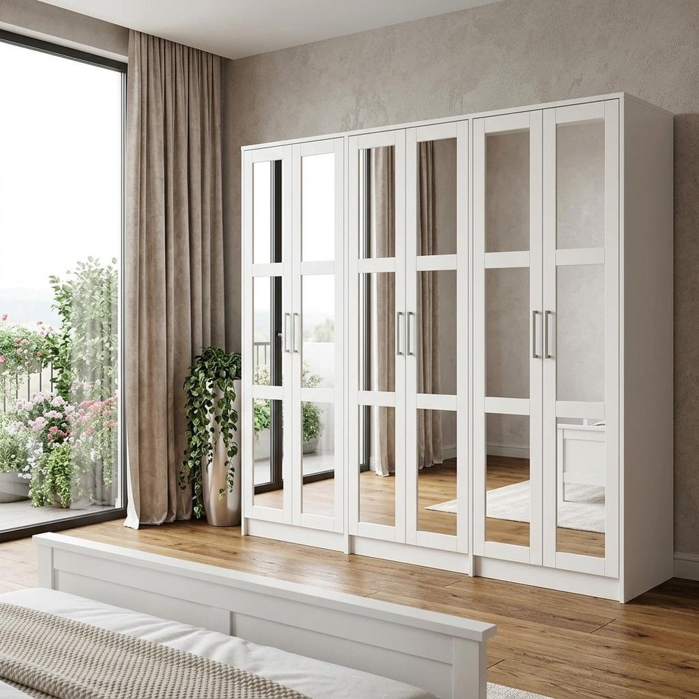 113" White Solid Wood Mirrored Six Door Armoire Wardrobe