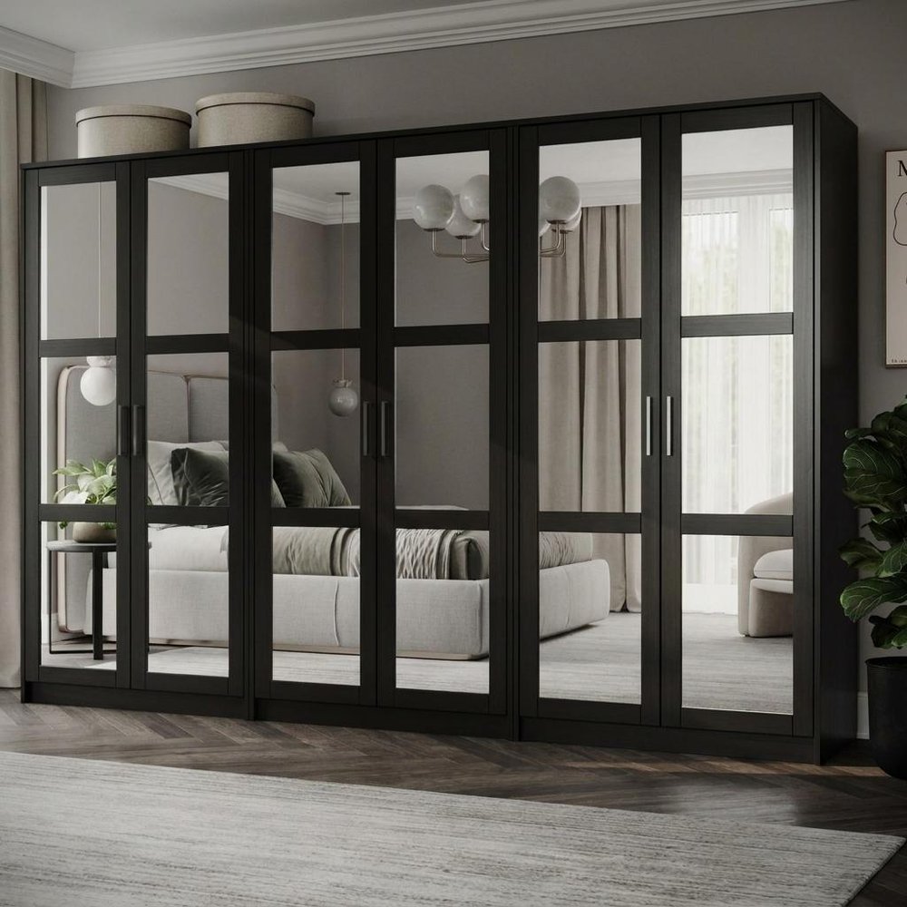 113" Black Solid Wood Mirrored Six Door Armoire Wardrobe — view 6
