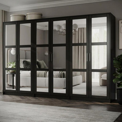 113" Black Solid Wood Mirrored Six Door Armoire Wardrobe