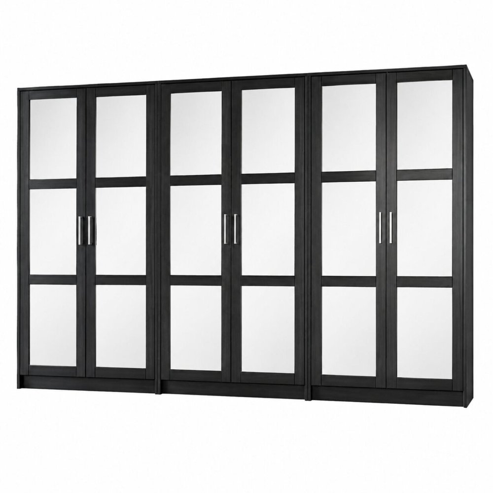 113" Black Solid Wood Mirrored Six Door Armoire Wardrobe — view 3