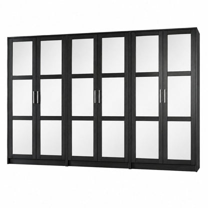 113" Black Solid Wood Mirrored Six Door Armoire Wardrobe