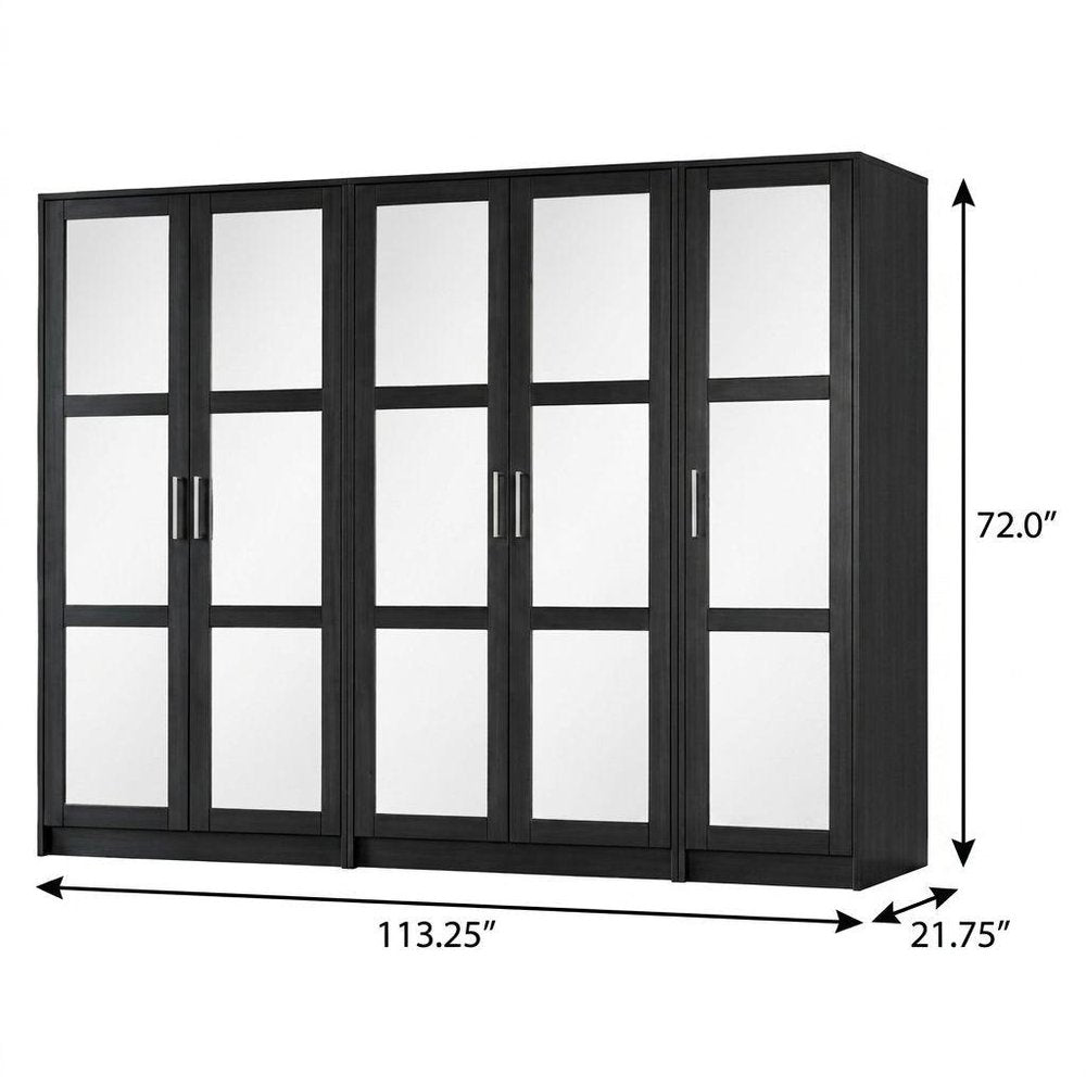 113" Black Solid Wood Mirrored Six Door Armoire Wardrobe — view 4