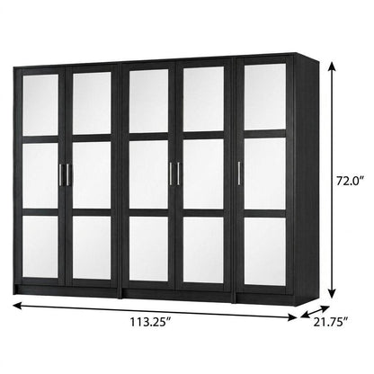 113" Black Solid Wood Mirrored Six Door Armoire Wardrobe