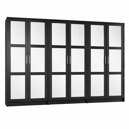 113" Black Solid Wood Mirrored Six Door Armoire Wardrobe