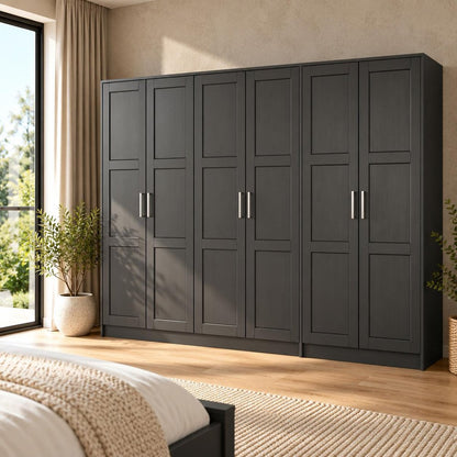 113" Black Raised Panel Solid Wood Six Door Armoire Wardrobe