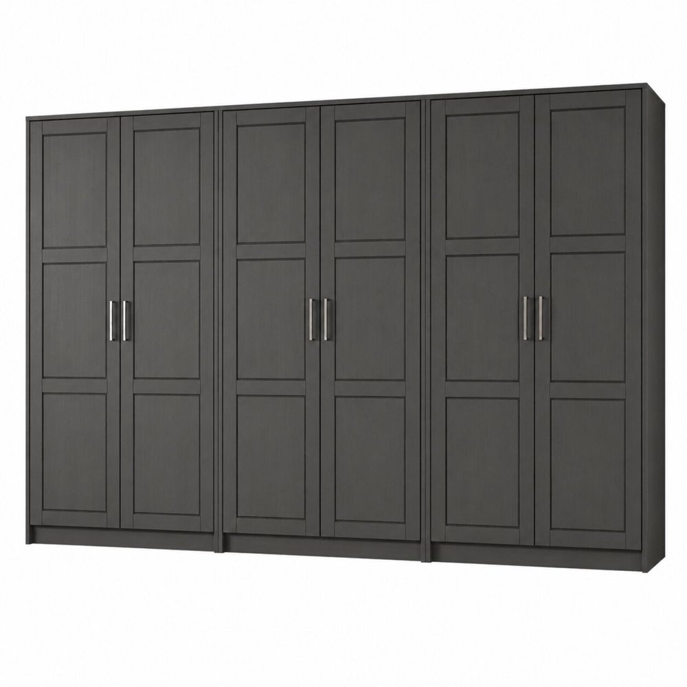 113" Black Raised Panel Solid Wood Six Door Armoire Wardrobe — view 1