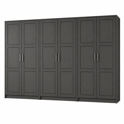 113" Black Raised Panel Solid Wood Six Door Armoire Wardrobe