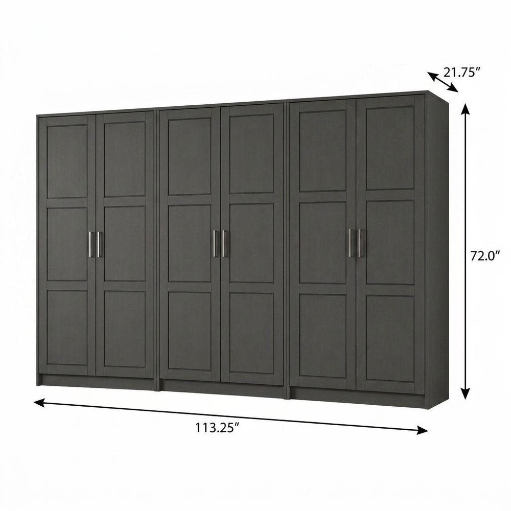 113" Black Raised Panel Solid Wood Six Door Armoire Wardrobe