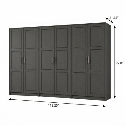 113" Black Raised Panel Solid Wood Six Door Armoire Wardrobe