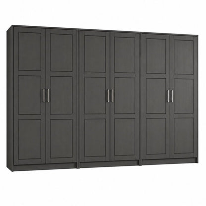 113" Black Raised Panel Solid Wood Six Door Armoire Wardrobe