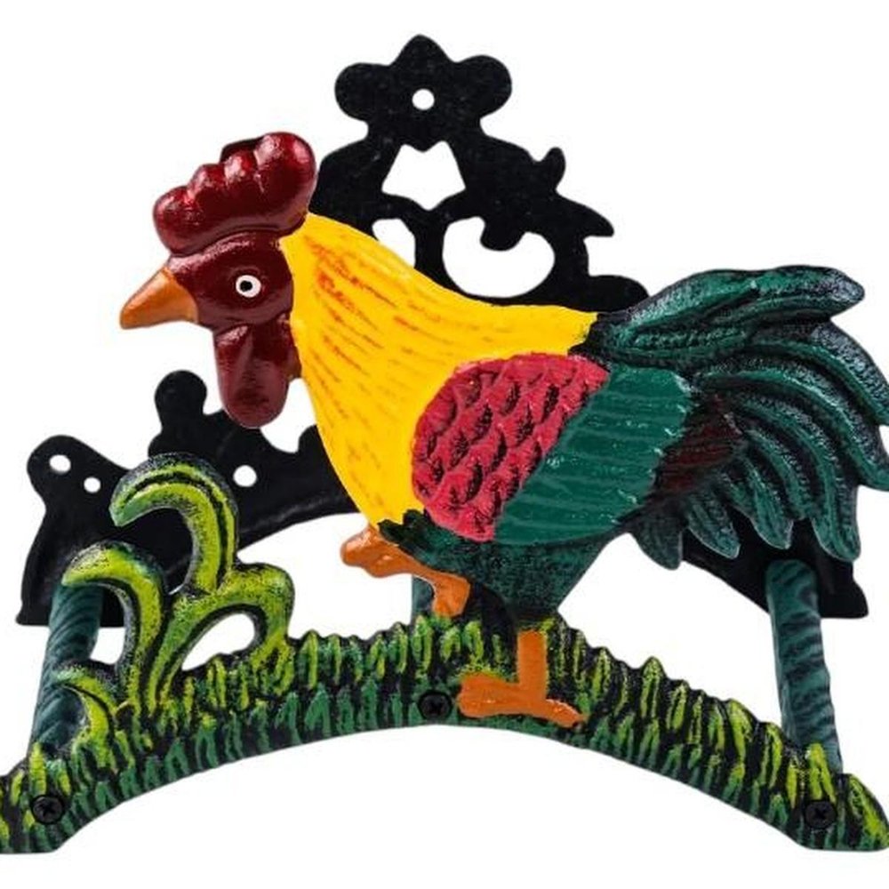 8" Black Yellow Red And Green Cast Iron Rooster Garden Hose Hanger HomeRoots