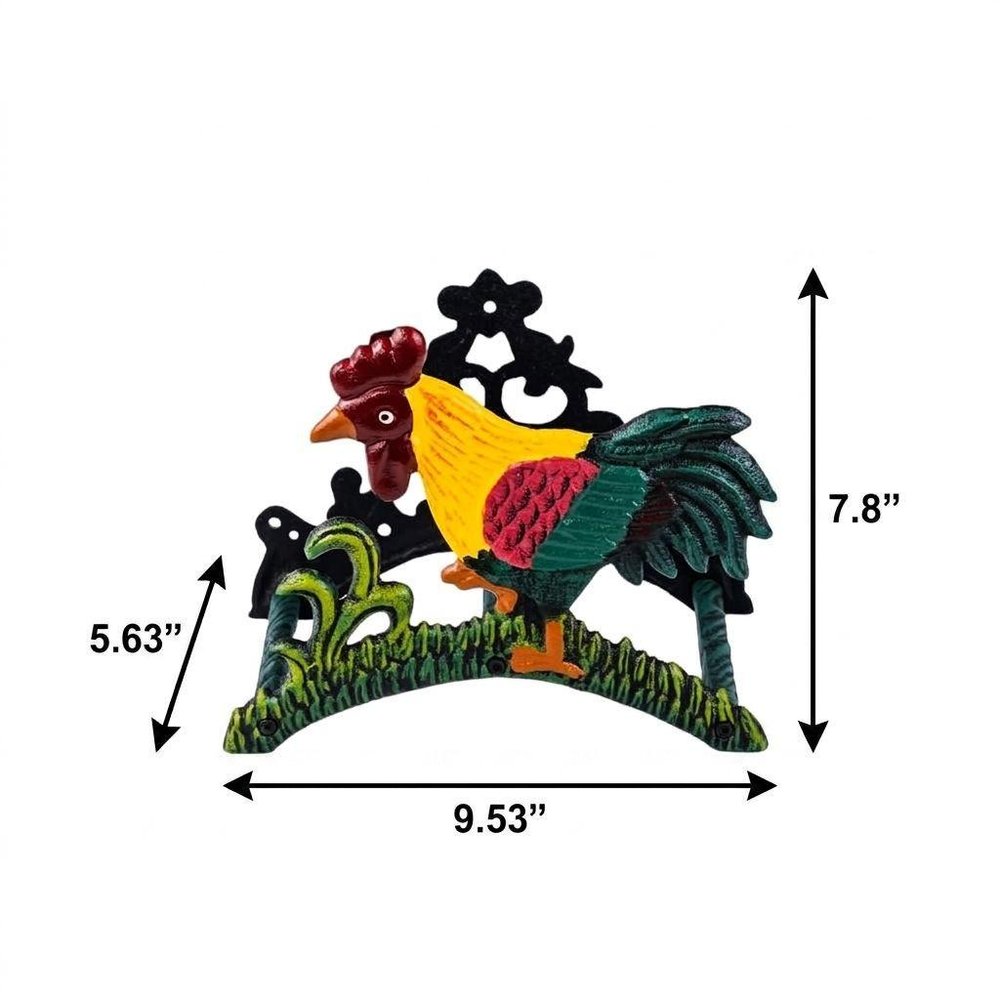 8" Black Yellow Red And Green Cast Iron Rooster Garden Hose Hanger — view 6