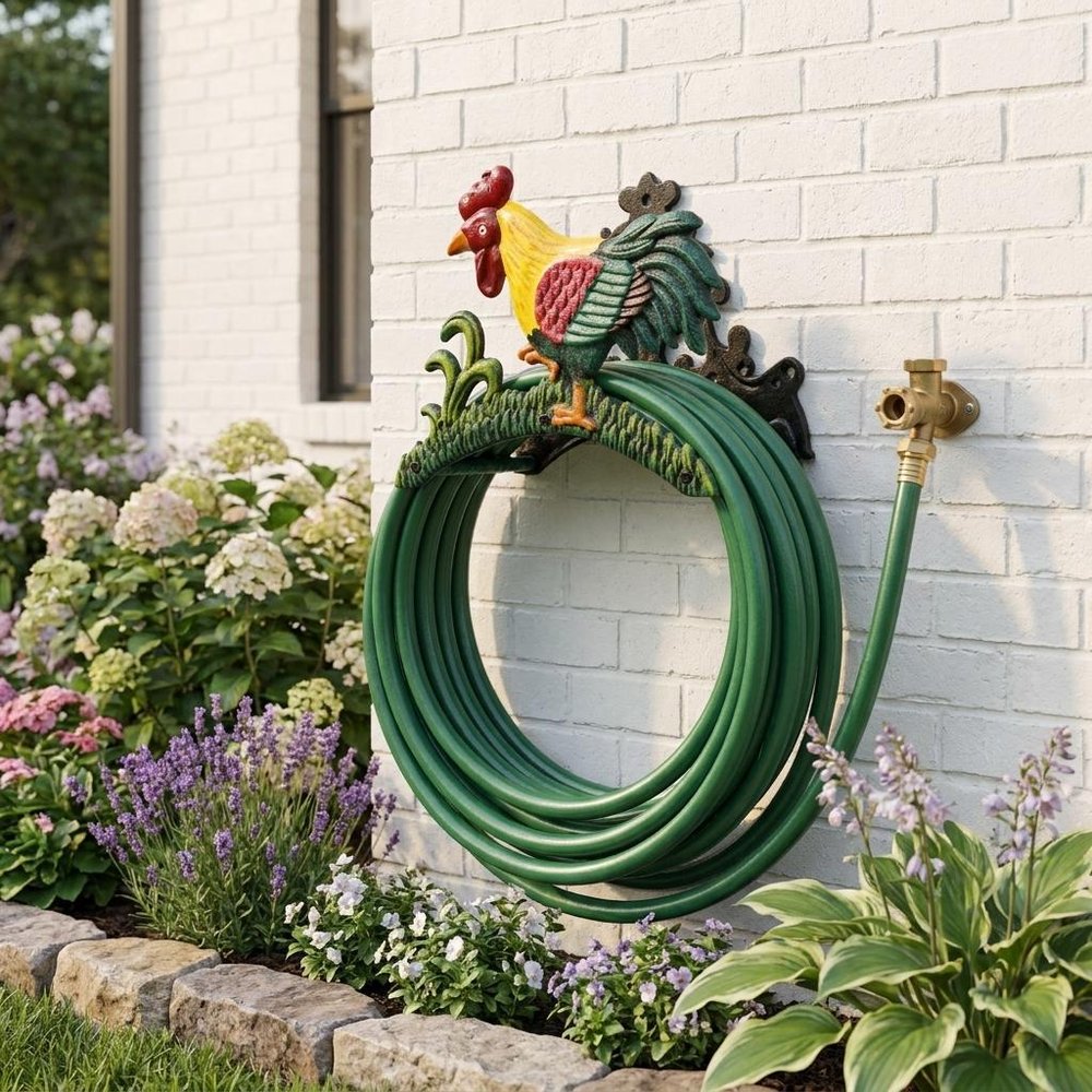 8" Black Yellow Red And Green Cast Iron Rooster Garden Hose Hanger — view 1
