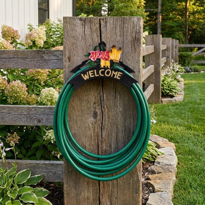 8" Black Yellow And Pink Iron Floral Bouquet Welcome Garden Hose Hanger HomeRoots