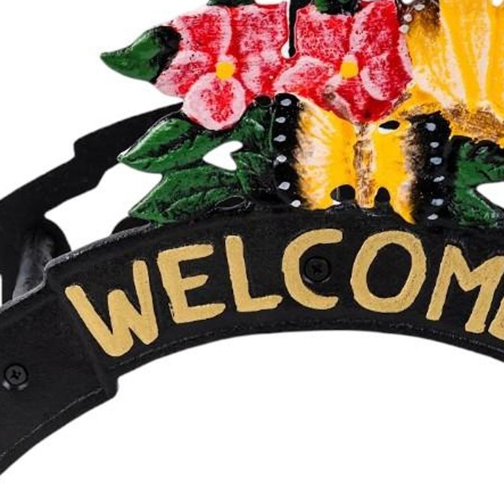 8" Black Yellow And Pink Iron Floral Bouquet Welcome Garden Hose Hanger — view 6