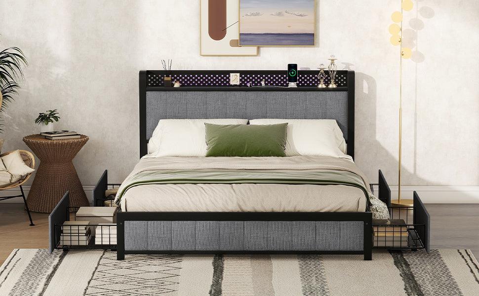 Queen Bed Frame with LED Headboard Upholstered Bed with 4 Storage Drawers and USB Ports Light Grey - FurniFindUSA