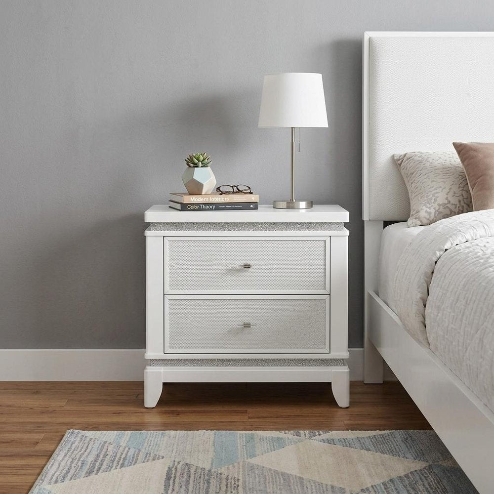 27" White And Silver Wood Two Drawer Nightstand — view 6