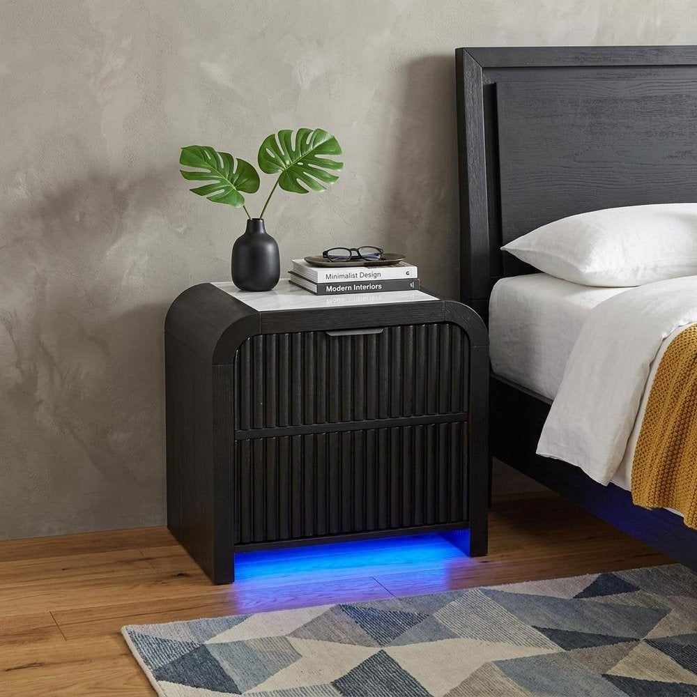 27" White And Black Wood Lighted Nightstand with USB Port and Integrated Tech HomeRoots