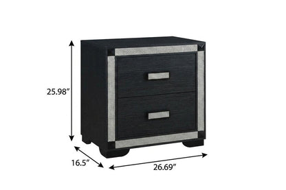 26" Charcoal Wood Faux Crystal Bling Two Drawer Nightstand