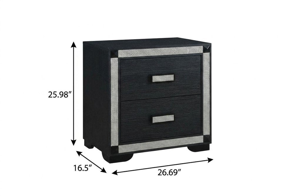 26" Charcoal Wood Faux Crystal Bling Two Drawer Nightstand — view 3