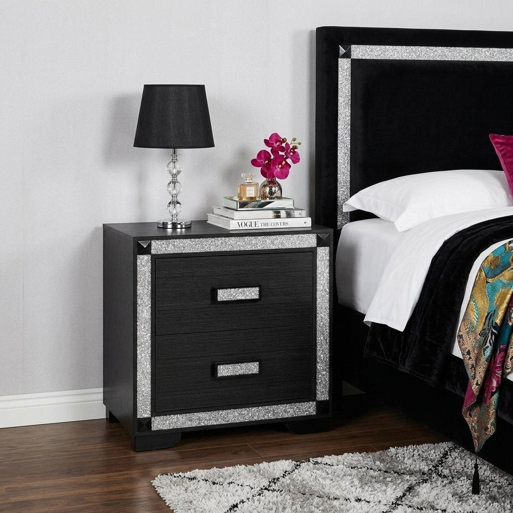 26" Charcoal Wood Faux Crystal Bling Two Drawer Nightstand — view 6