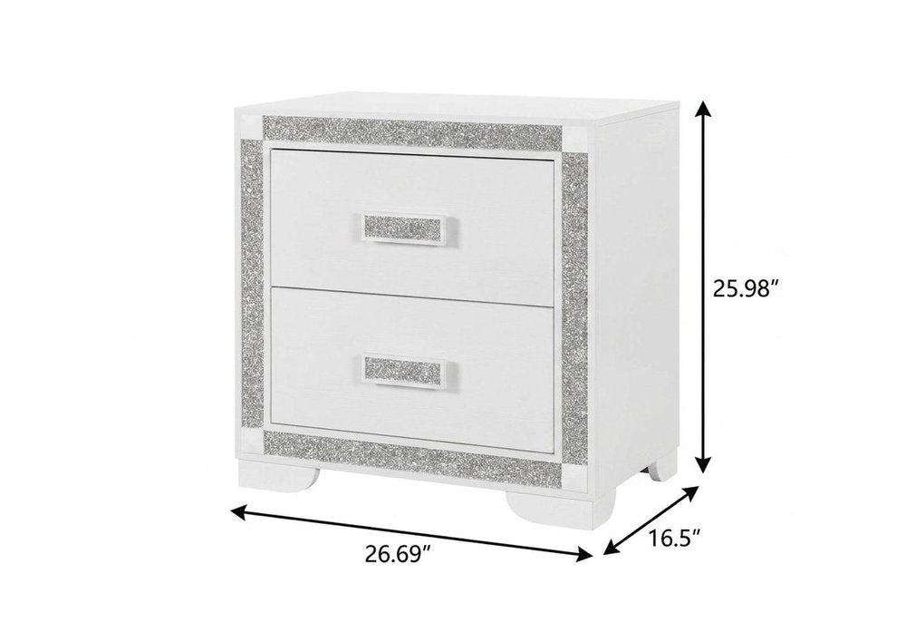 26" White Wood Faux Crystal Bling Two Drawer Nightstand — view 3