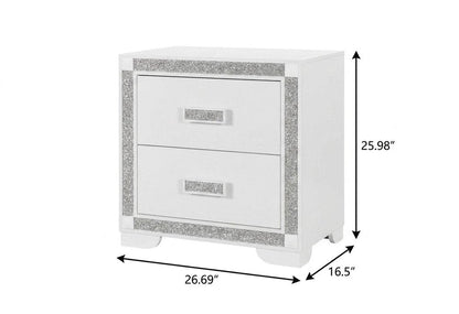 26" White Wood Faux Crystal Bling Two Drawer Nightstand HomeRoots