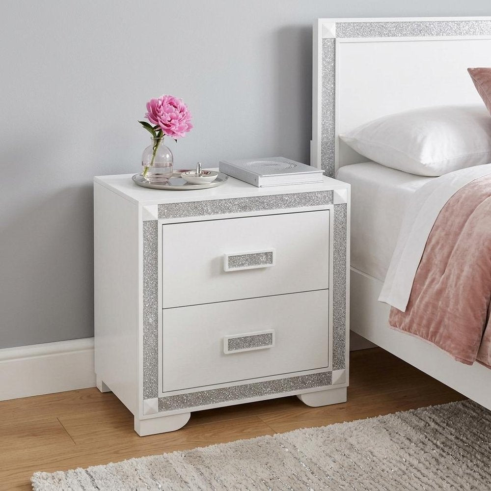 26" White Wood Faux Crystal Bling Two Drawer Nightstand — view 5