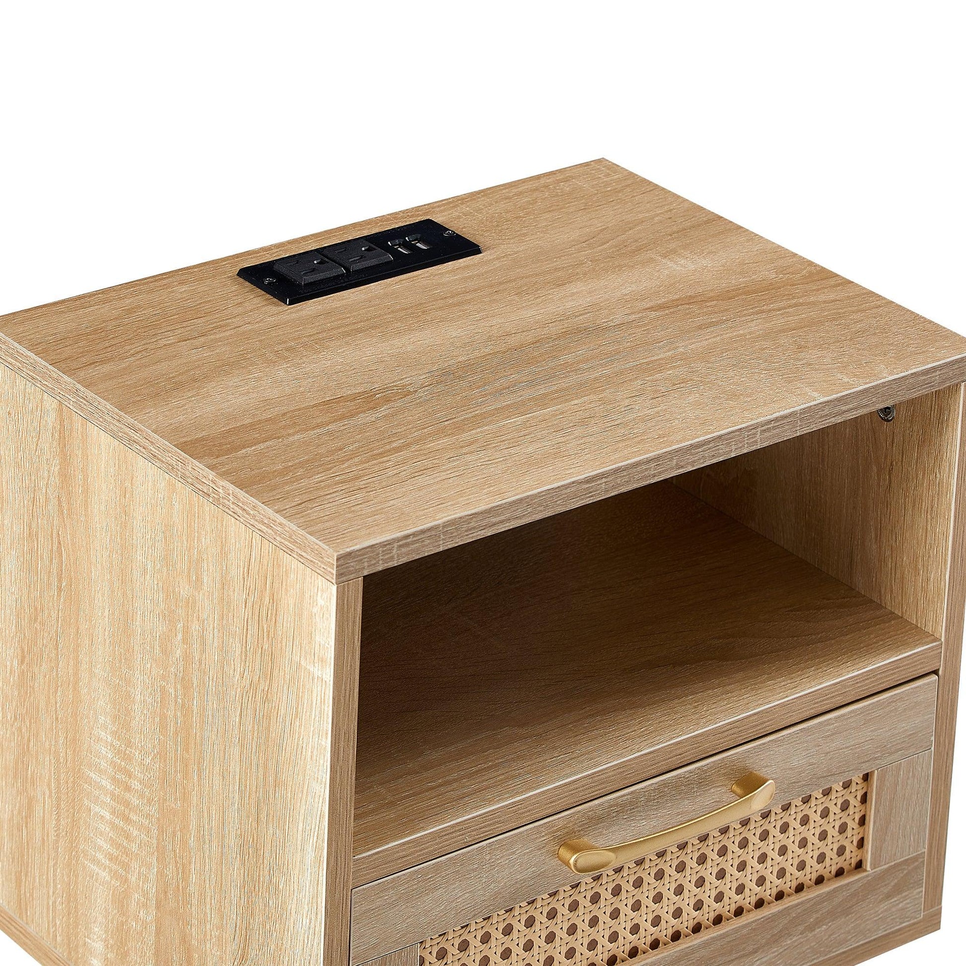 15.75" Rattan End table with Power Outlet & USB Ports Modern nightstand with drawer and solid wood legs - FurniFindUSA