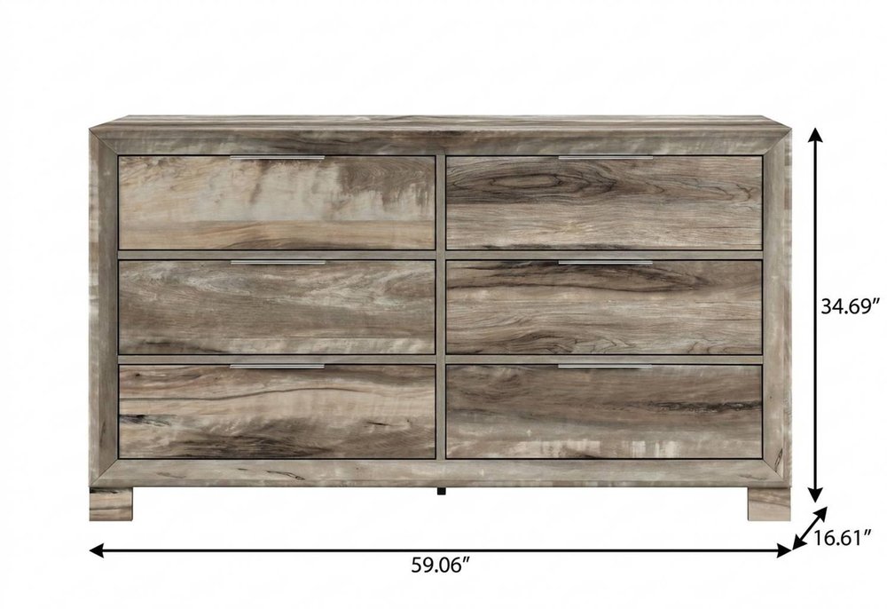 59" Brown Wood Six Drawer Double Dresser