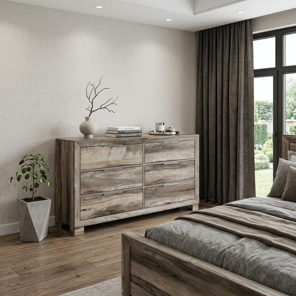 59" Brown Wood Six Drawer Double Dresser — view 7