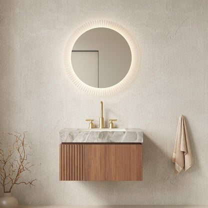 30" Brown Wood Floating Single Door Bathroom Vanity With White Ceramic Sink