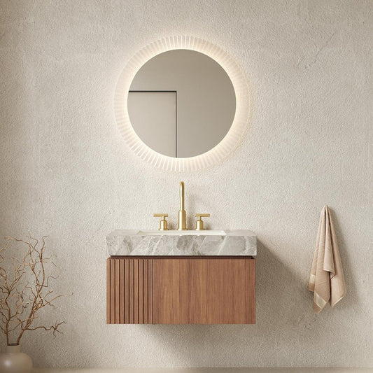 30" Brown Wood Floating Single Door Bathroom Vanity With White Ceramic Sink