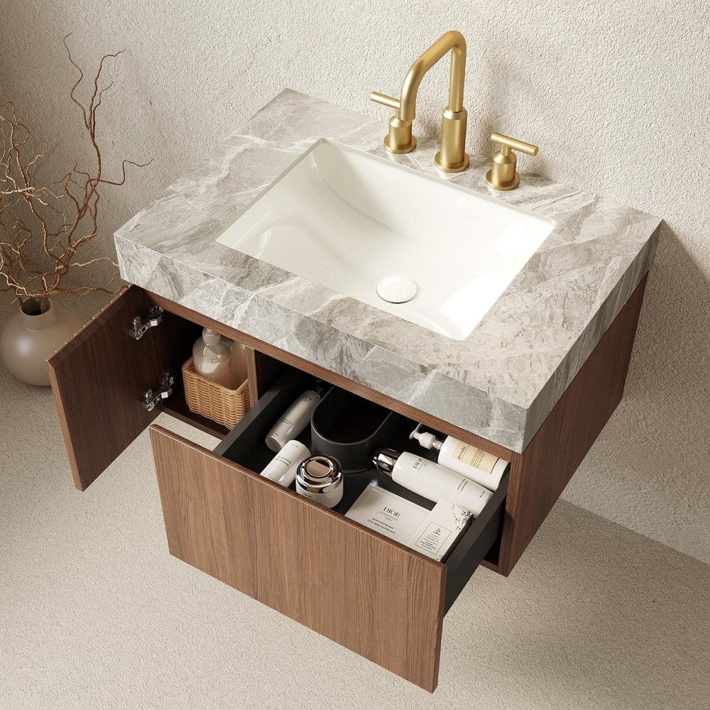30" Brown Wood Floating Single Door Bathroom Vanity With White Ceramic Sink HomeRoots