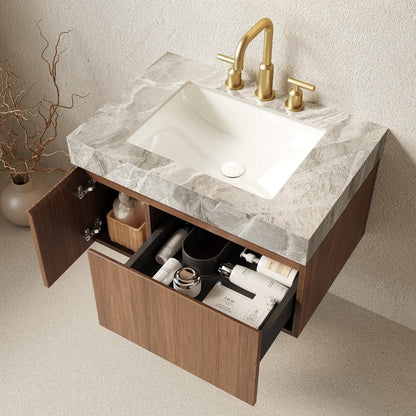 30" Brown Wood Floating Single Door Bathroom Vanity With White Ceramic Sink HomeRoots