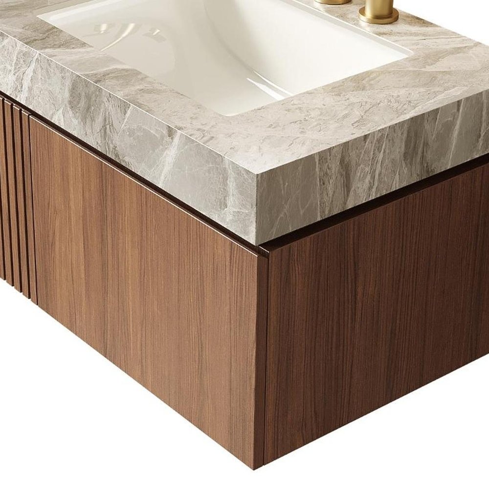 30" Brown Wood Floating Single Door Bathroom Vanity With White Ceramic Sink HomeRoots