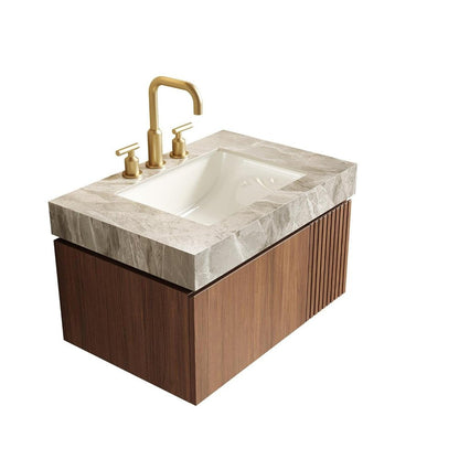 30" Brown Wood Floating Single Door Bathroom Vanity With White Ceramic Sink HomeRoots