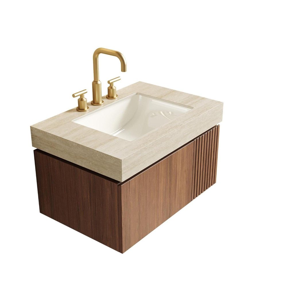 30" Brown Wood Floating Single Door Bathroom Vanity With White Ceramic Sink — view 5