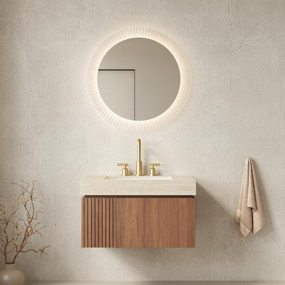 30" Brown Wood Floating Single Door Bathroom Vanity With White Ceramic Sink HomeRoots