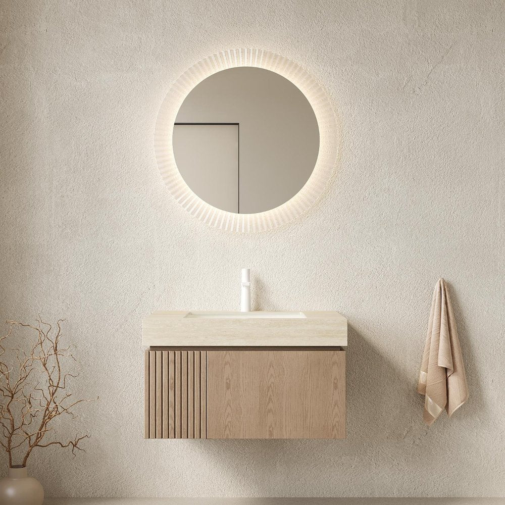 30" Brown Wood Floating Single Door Bathroom Vanity With White Ceramic Sink HomeRoots