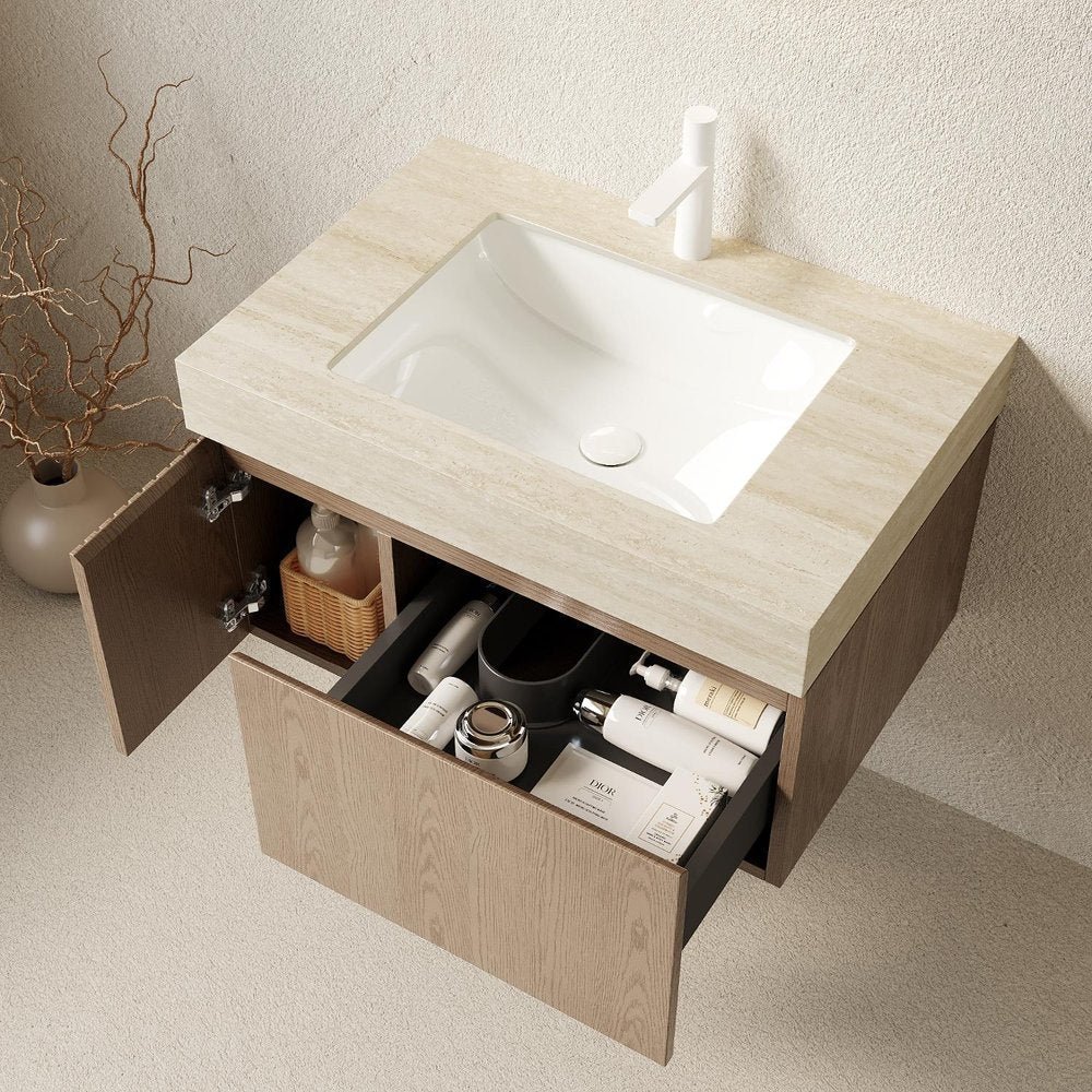 30" Brown Wood Floating Single Door Bathroom Vanity With White Ceramic Sink — view 3