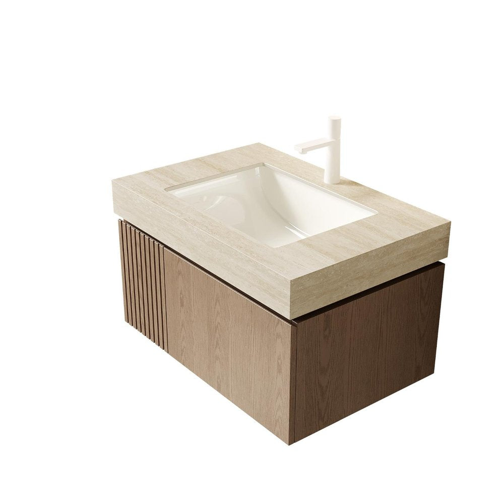 30" Brown Wood Floating Single Door Bathroom Vanity With White Ceramic Sink — view 4