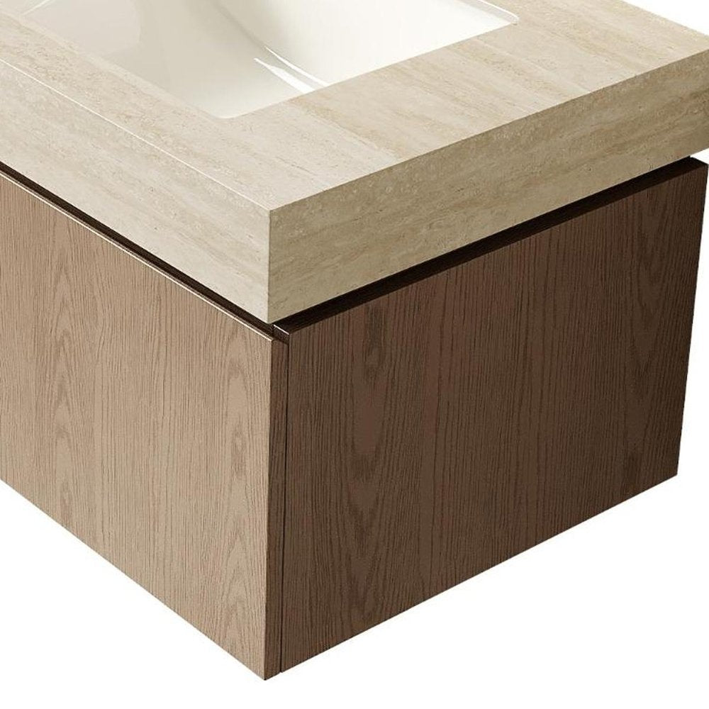 30" Brown Wood Floating Single Door Bathroom Vanity With White Ceramic Sink — view 6