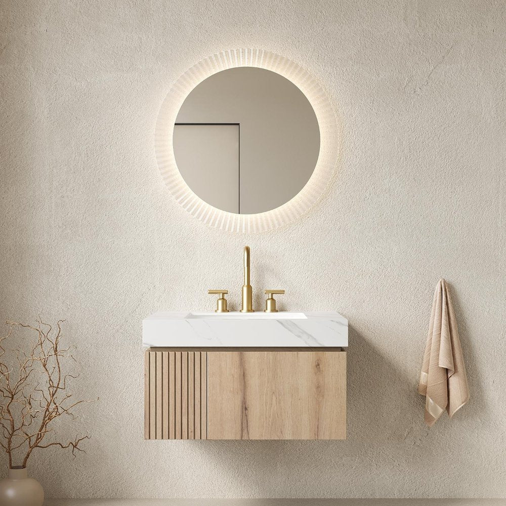30" Brown Wood Floating Single Door Bathroom Vanity With White Ceramic Sink — view 1