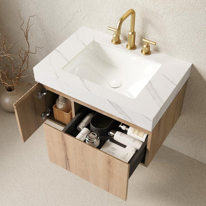 30" Brown Wood Floating Single Door Bathroom Vanity With White Ceramic Sink HomeRoots